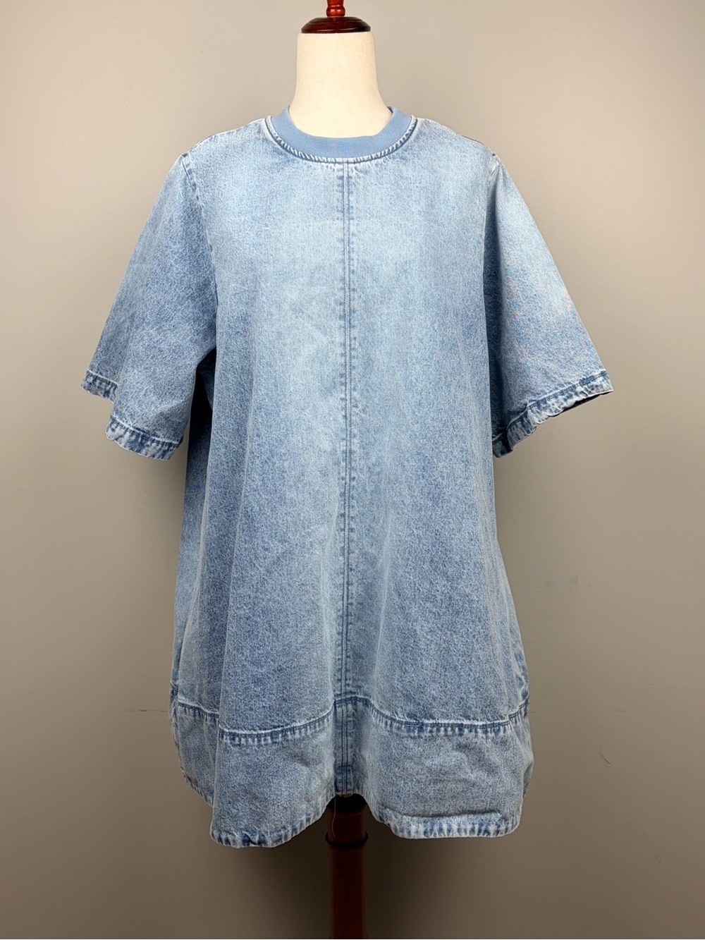 Free People Harlow Denim Mini Dress L Blue Acid Wash Oversized Pocket Tunic